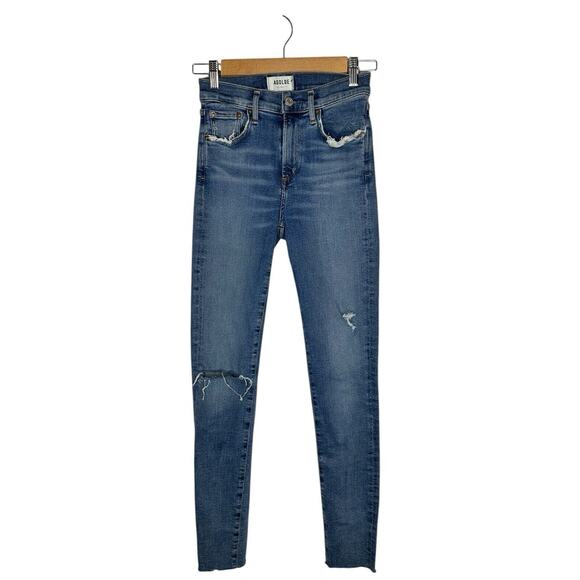Agolde Womens Sophie Skinny‎ Jean 25 Distressed Stretch Mid Rise Raw Hem Blue - Picture 1 of 11